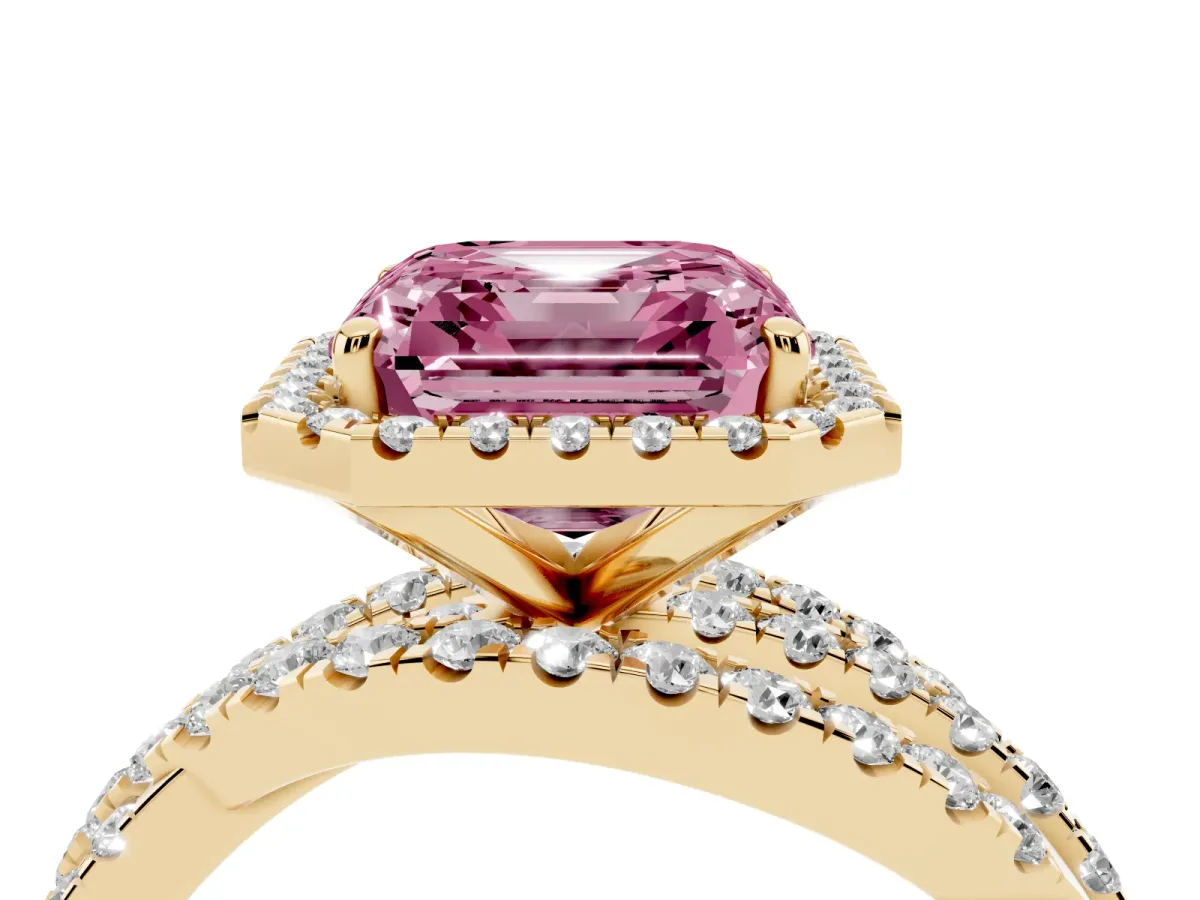 Fancy Pink Asscher Cut Diamond Halo Ring with Round Split Shank and Prong Setting Yellow gold