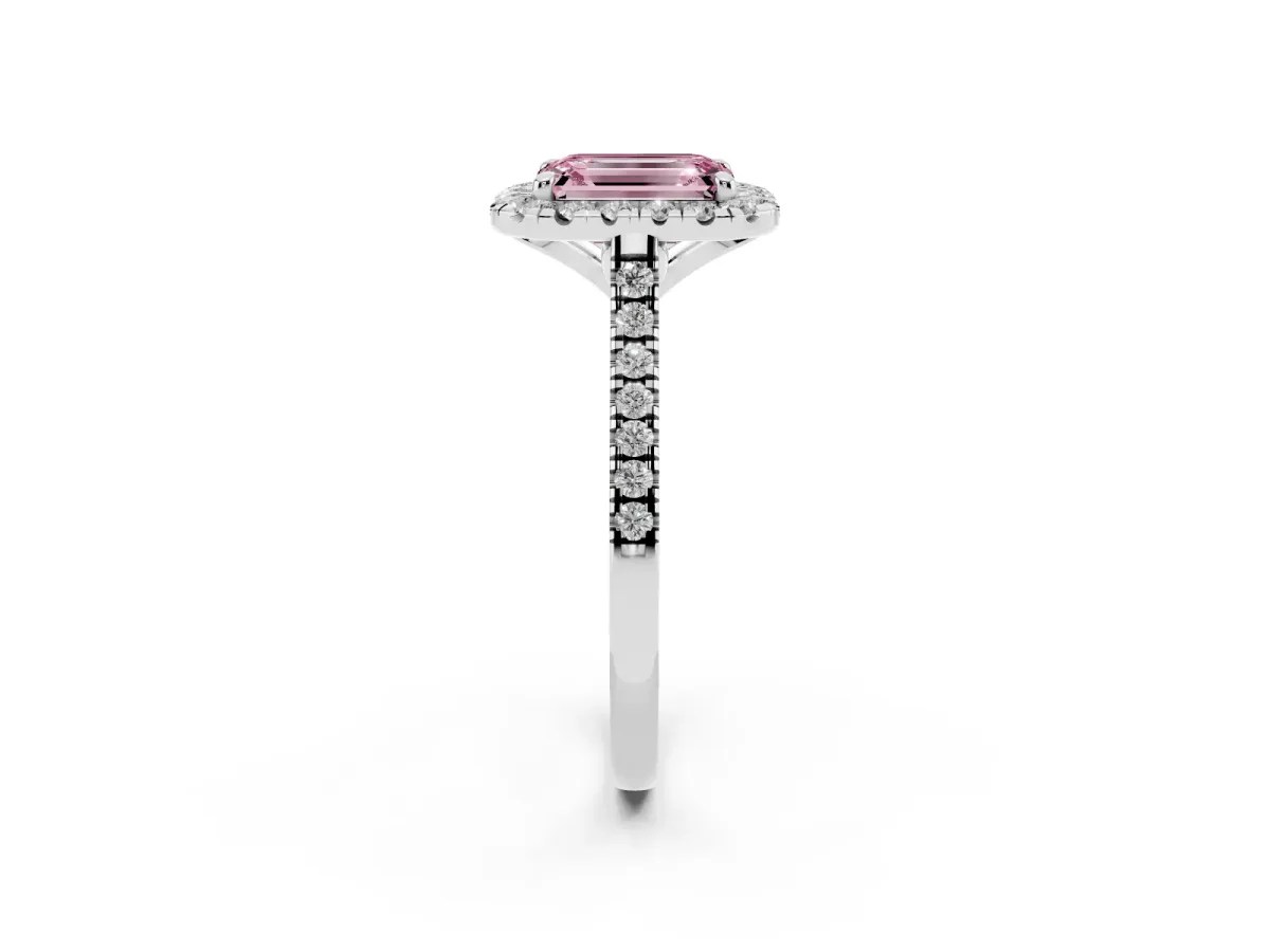 Fancy Pink Emerald Cut Diamond Cushion Halo Ring with Pavé Band Silver