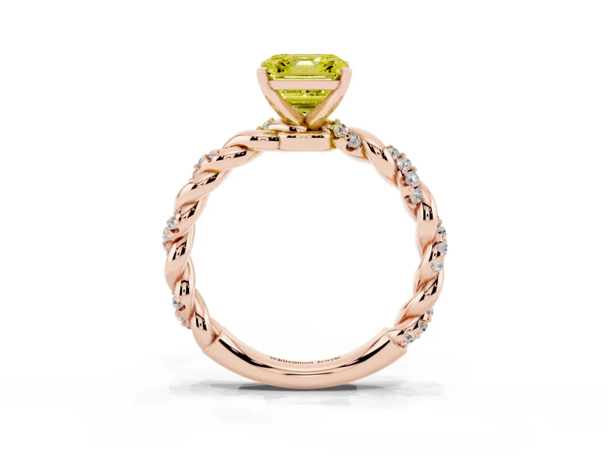 Fancy Yellow Asscher Cut Diamond Solitaire Ring with Twisted Band and Pavé Accents Rose gold