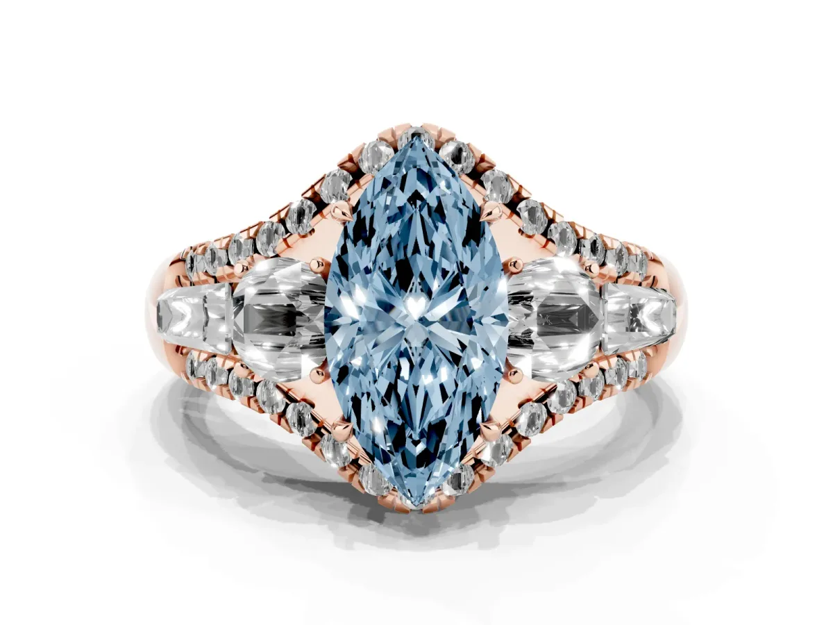 Fancy Blue Three-Stone Marquise Cut Diamond Engagement Ring with Pave Band and Prong Setting Rose gold