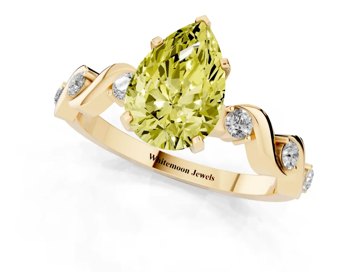 Fancy Yellow Pear Cut Diamond Solitaire Twisted Band with Round Accents and Prong Setting Yellow gold