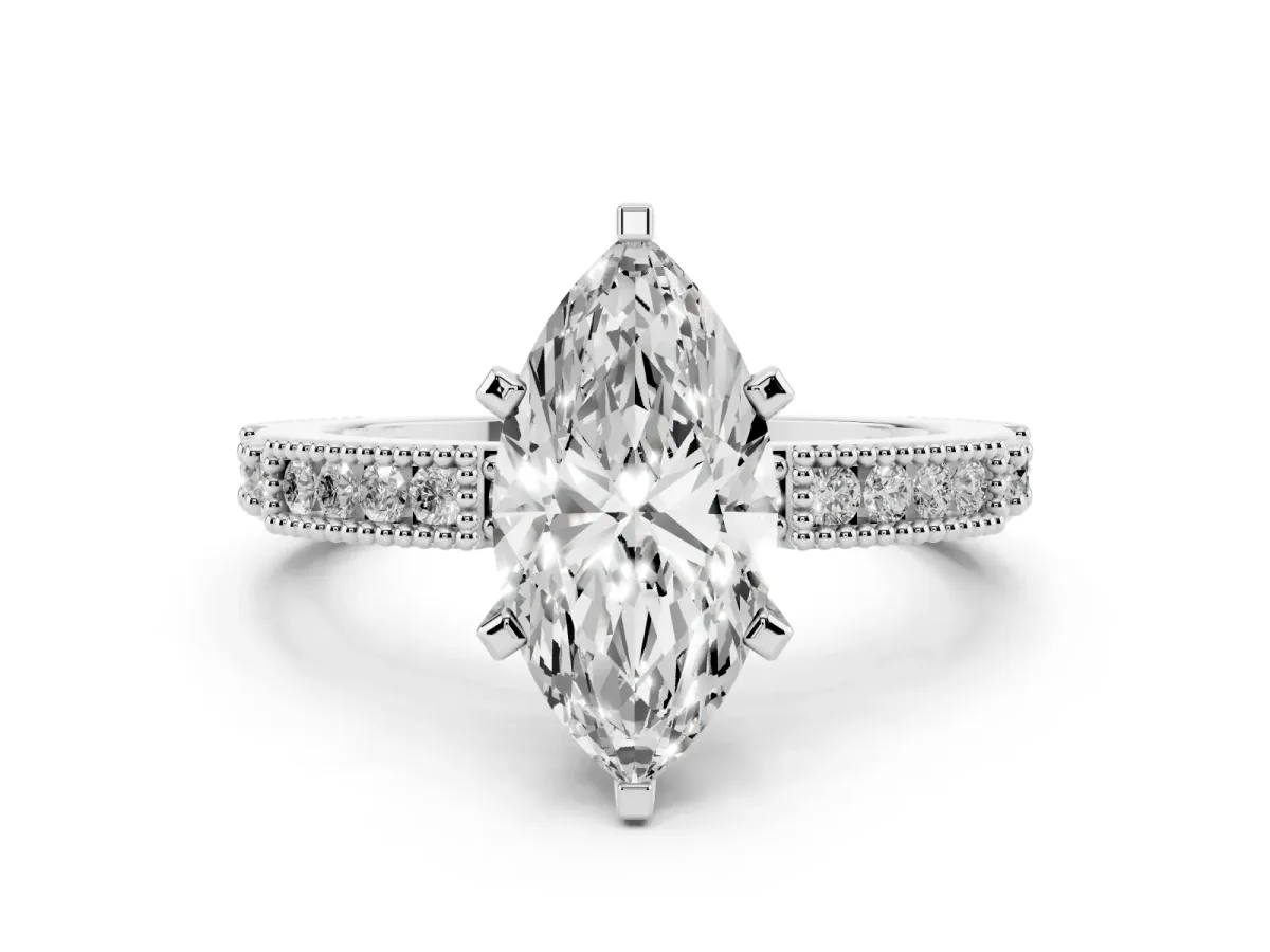 Marquise Cut Solitaire with Pavé Band and Four-Prong Setting Silver