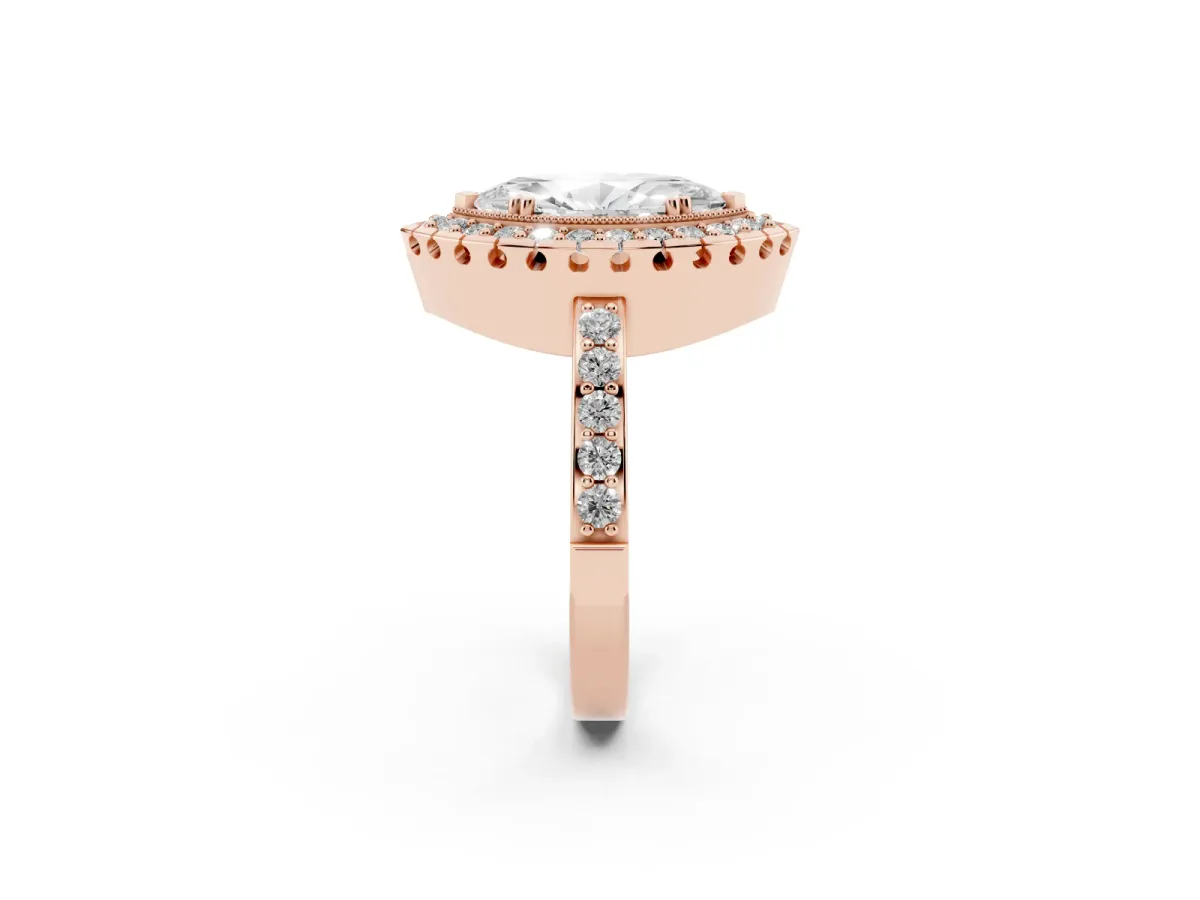 Marquise Cut Diamond Halo Ring with Pavé Band and Prong Setting Rose gold