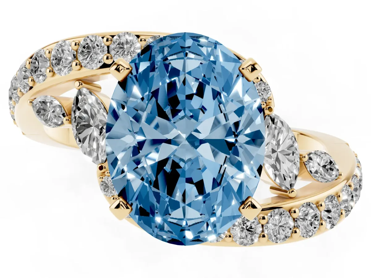 Fancy Blue Oval Cut Solitaire with Pavé Twist Band and Four-Prong Setting Yellow gold