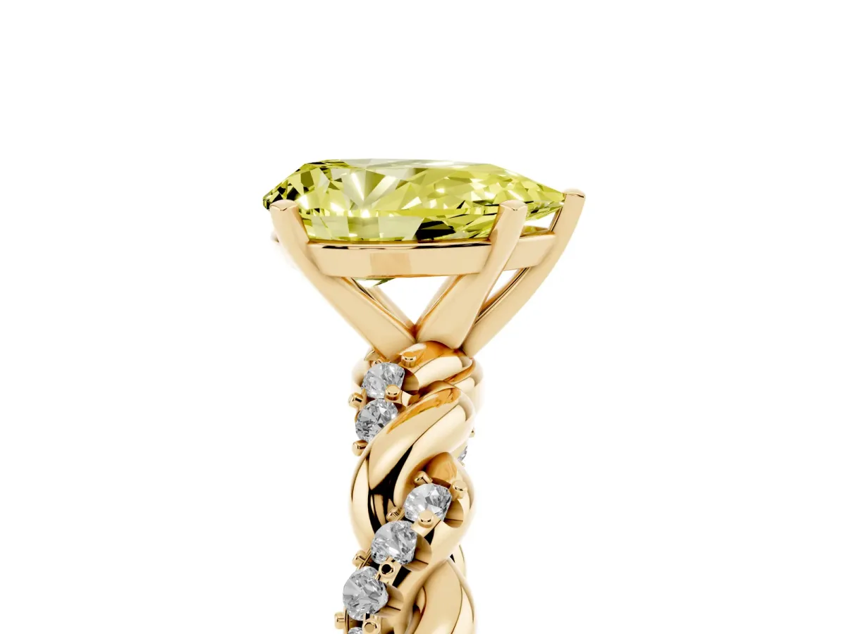 Fancy Yellow Pear Cut Diamond Solitaire Ring with Twisted Band and Pavé Accents Yellow gold