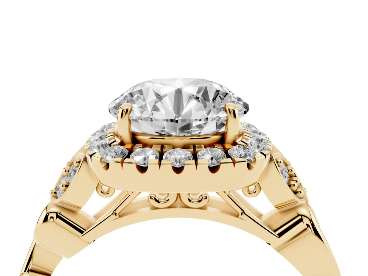 Round Cut Halo Diamond Engagement Ring with Vintage-Inspired Band and Four-Prong Setting Yellow gold