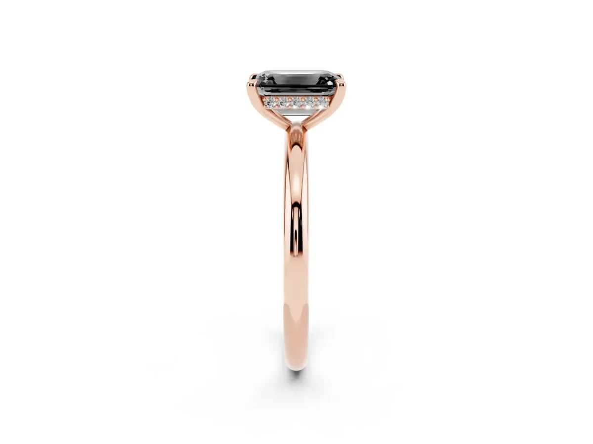 Fancy Black Emerald Cut Diamond Solitaire Ring with Thin Band and Four-Prong Setting Rose gold