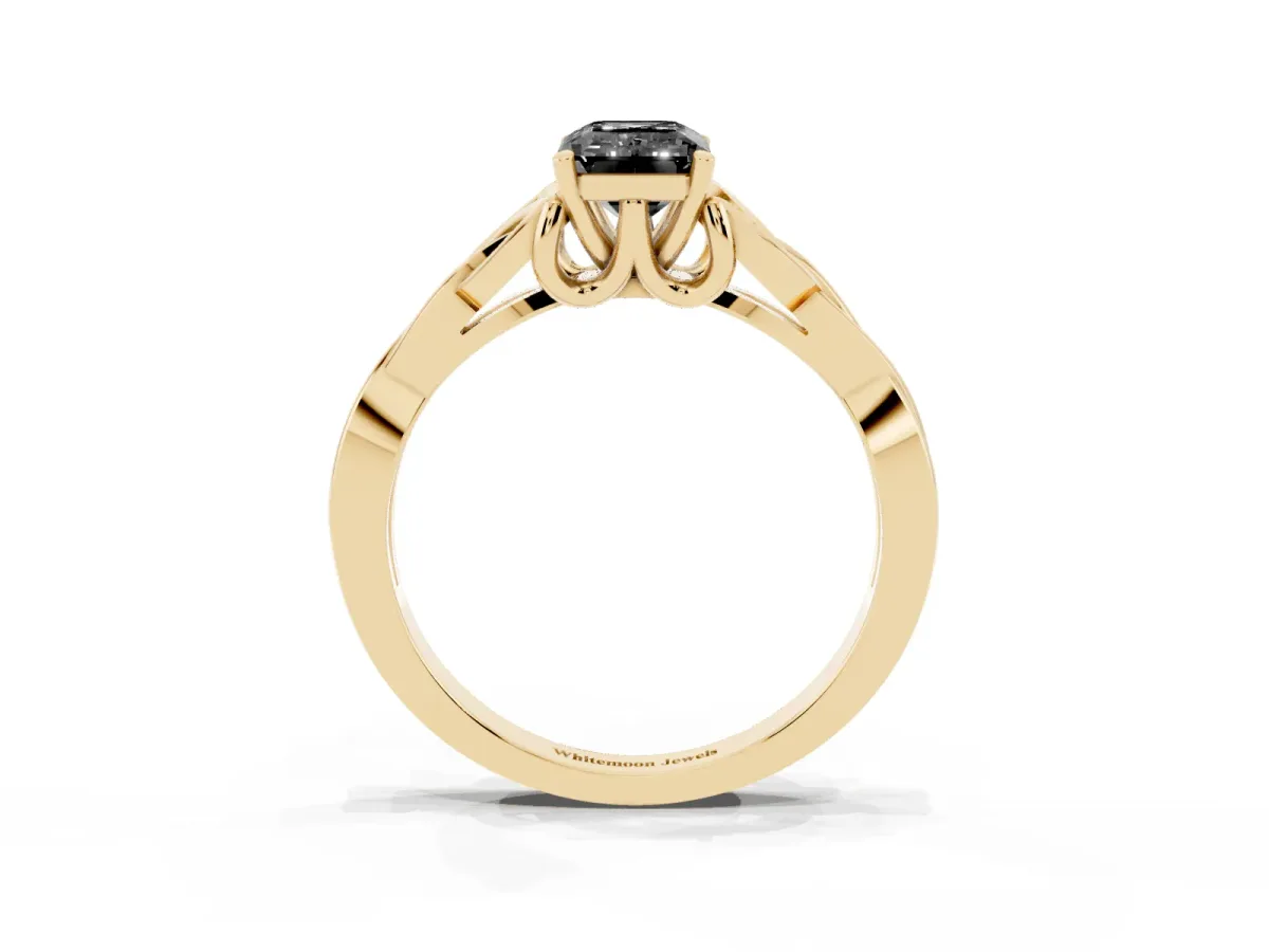Fancy Black Emerald Cut Diamond Solitaire Engagement Ring with Celtic Knot Band and Four-Prong Setting Yellow gold