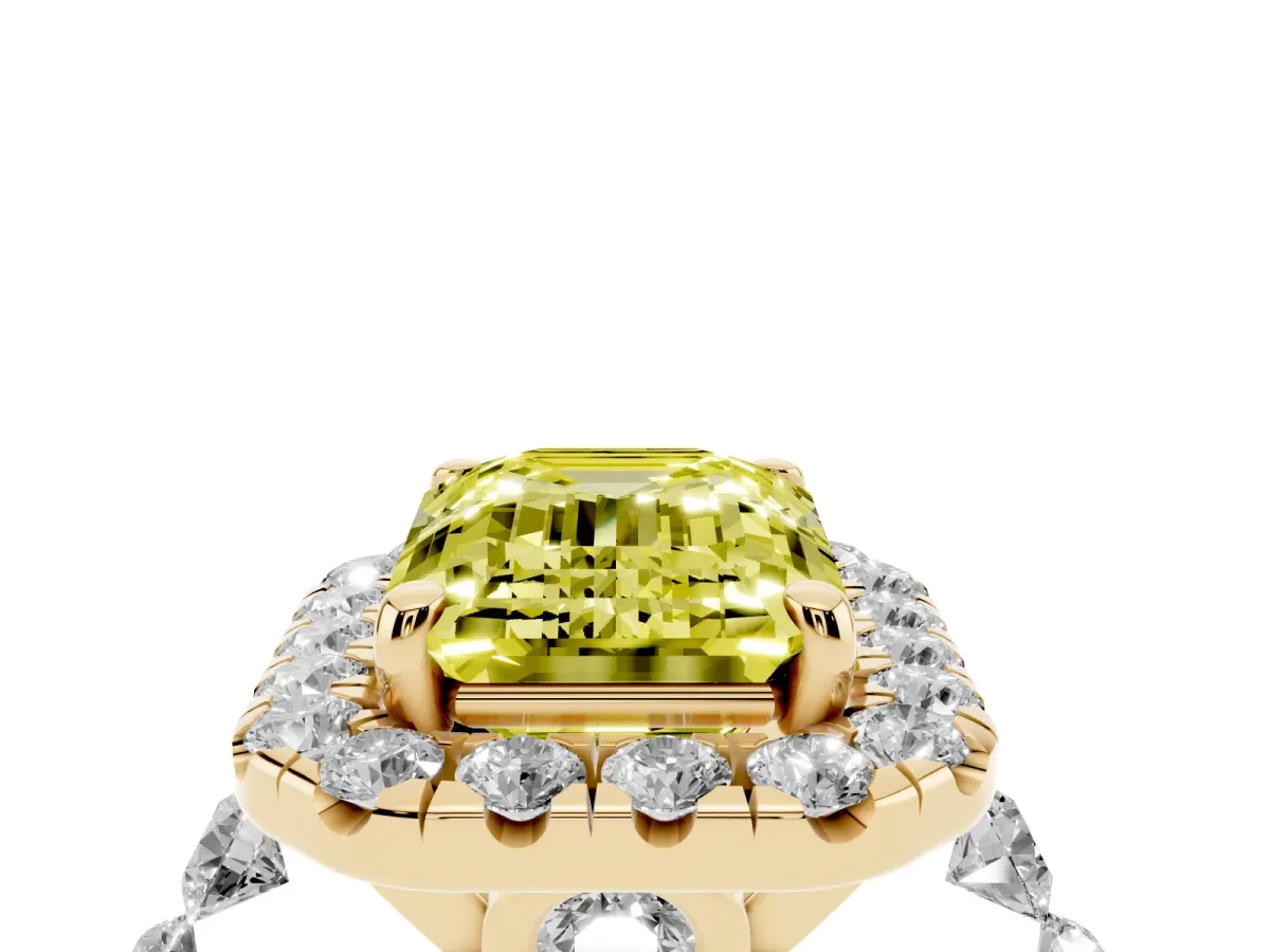 Fancy Yellow Emerald Cut Halo Pavé Diamond Engagement Ring with Four-Prong Setting Yellow gold