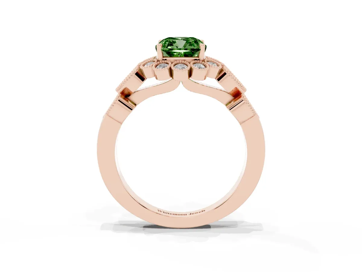 Fancy Green Cushion Cut Brilliant Milgrain Pave Heart Band Solitaire Ring Rose gold
