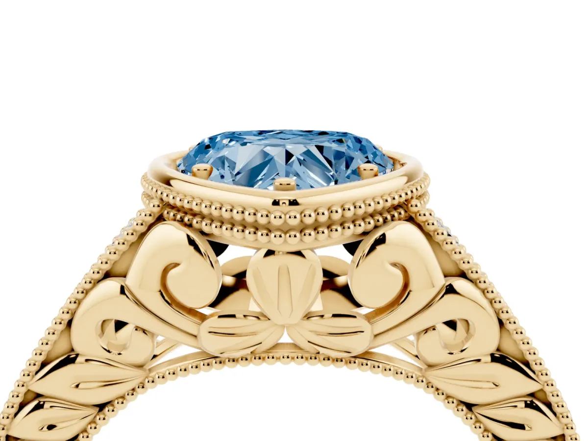 Fancy Blue Bezel Set Heart Cut Diamond Milgrain Pave Engagement Ring Yellow gold