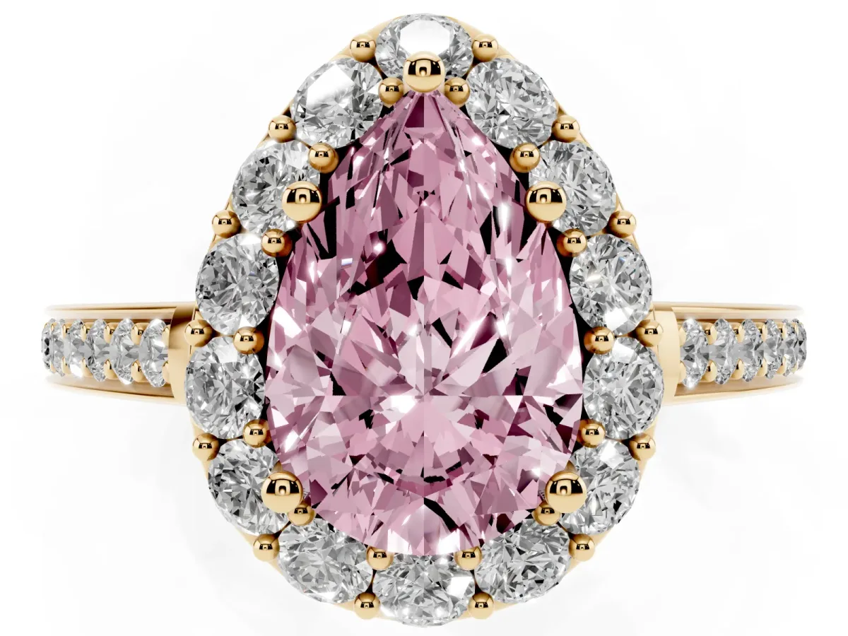 Fancy Pink Pear Cut Diamond Floral Halo Ring with Pavé Band and Prong Setting Yellow gold