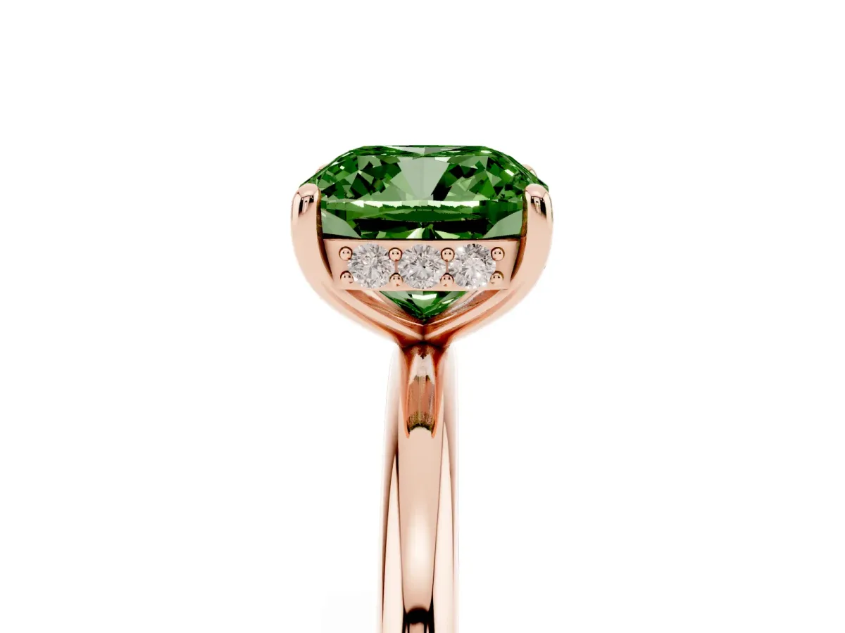 Fancy Green Cushion Cut Solitaire Diamond Ring with a Classic Band and Four-Prong Setting Rose gold