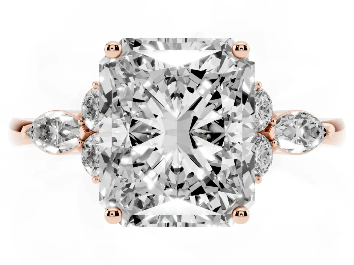 Radiant Cut Brilliant Diamond Solitaire Ring with Pear Side Stones and Four-Prong Setting Rose gold