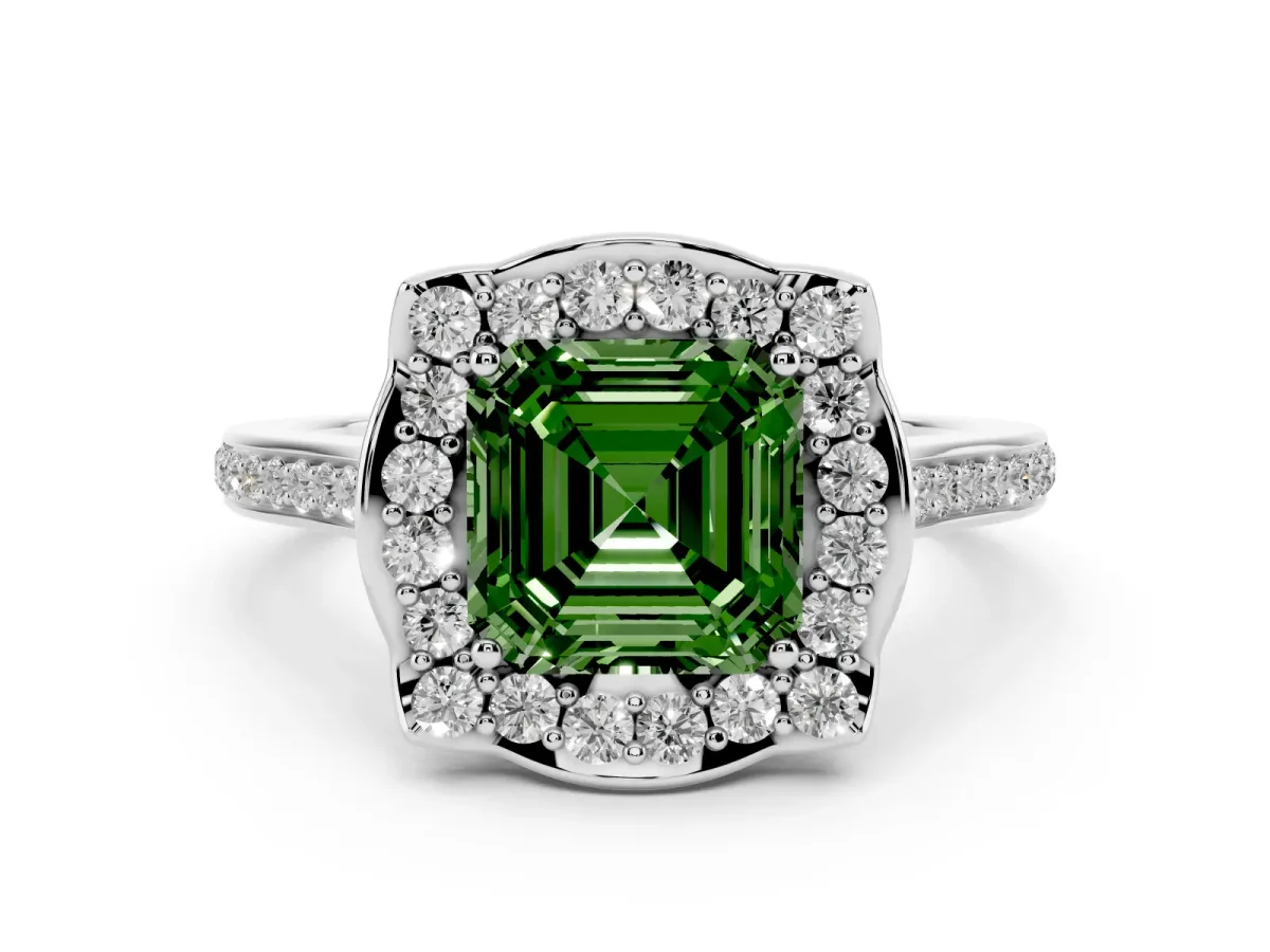 Fancy Green Asscher Cut Halo Round Diamond Pave Band with Four-Prong Setting White gold