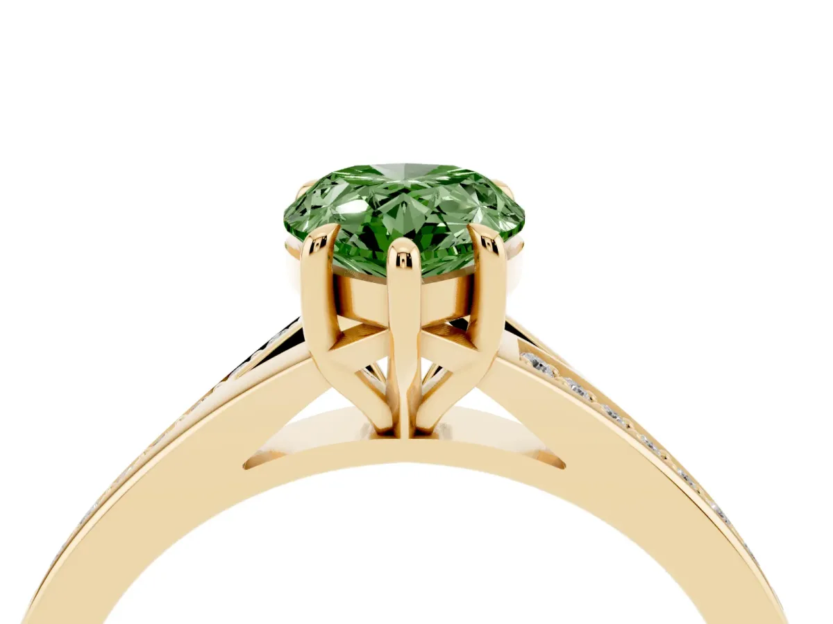 Fancy Green Pear Cut Diamond Solitaire Ring with Pavé Band and Prong Setting Yellow gold