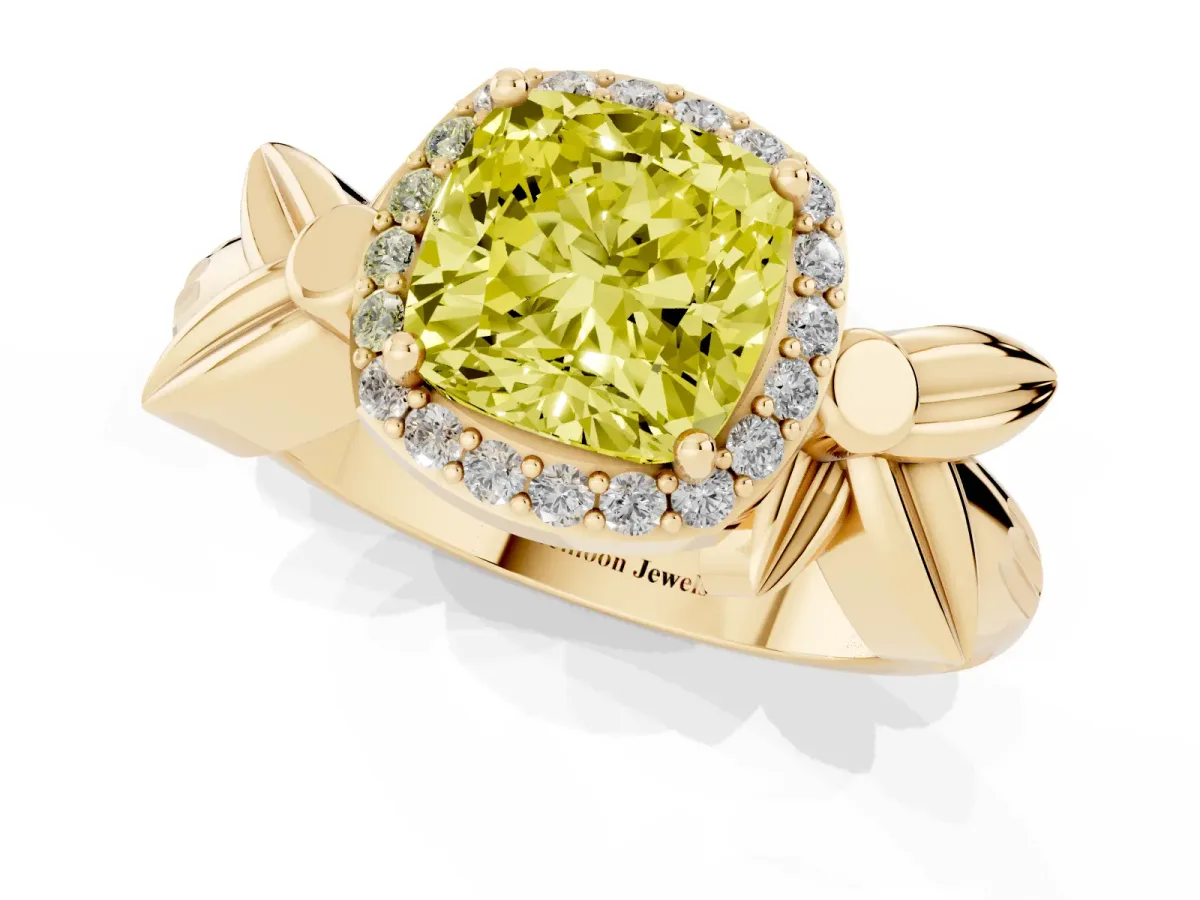 Fancy Yellow Cushion Cut Halo Diamond Floral Band with Four-Prong Setting Yellow gold