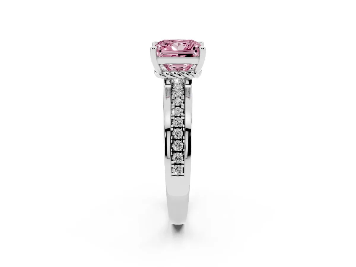 Fancy Pink Princess Cut Solitaire Diamond Ring with Channel Set Band and Six-Prong Setting Silver
