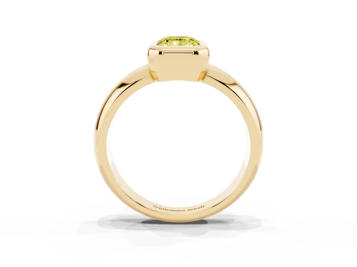 Fancy Yellow Bezel Set Emerald Cut Solitaire Ring with Wide Band Yellow gold