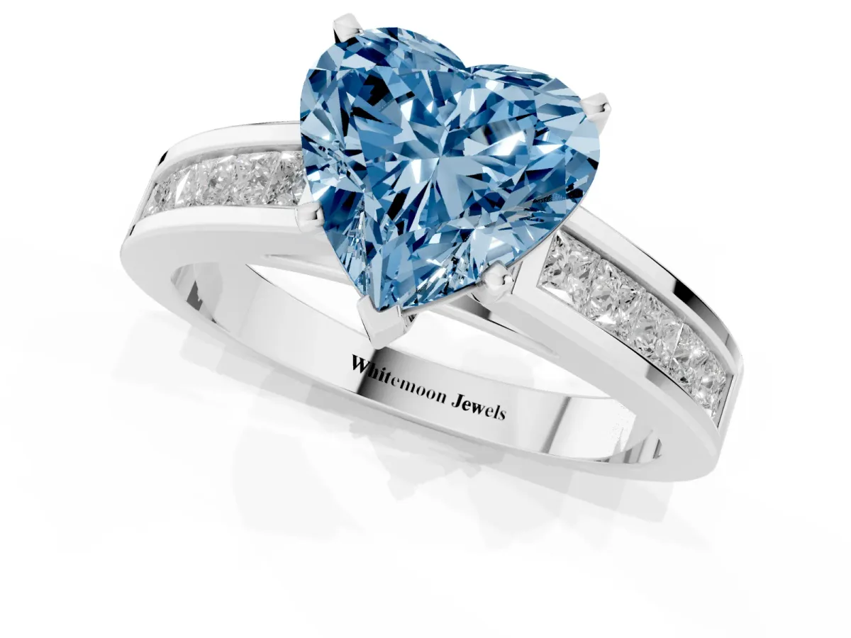 Fancy Blue Heart Cut Solitaire Diamond Ring with Channel-Set Band and Four-Prong Setting Silver