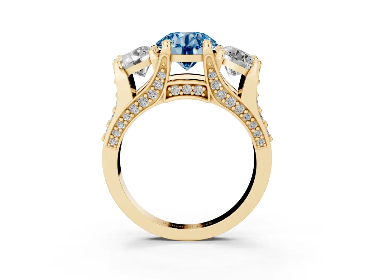 Fancy Blue Round Cut Diamond Three-Stone Ring with Channel Set Band and Four-Prong Setting Yellow gold