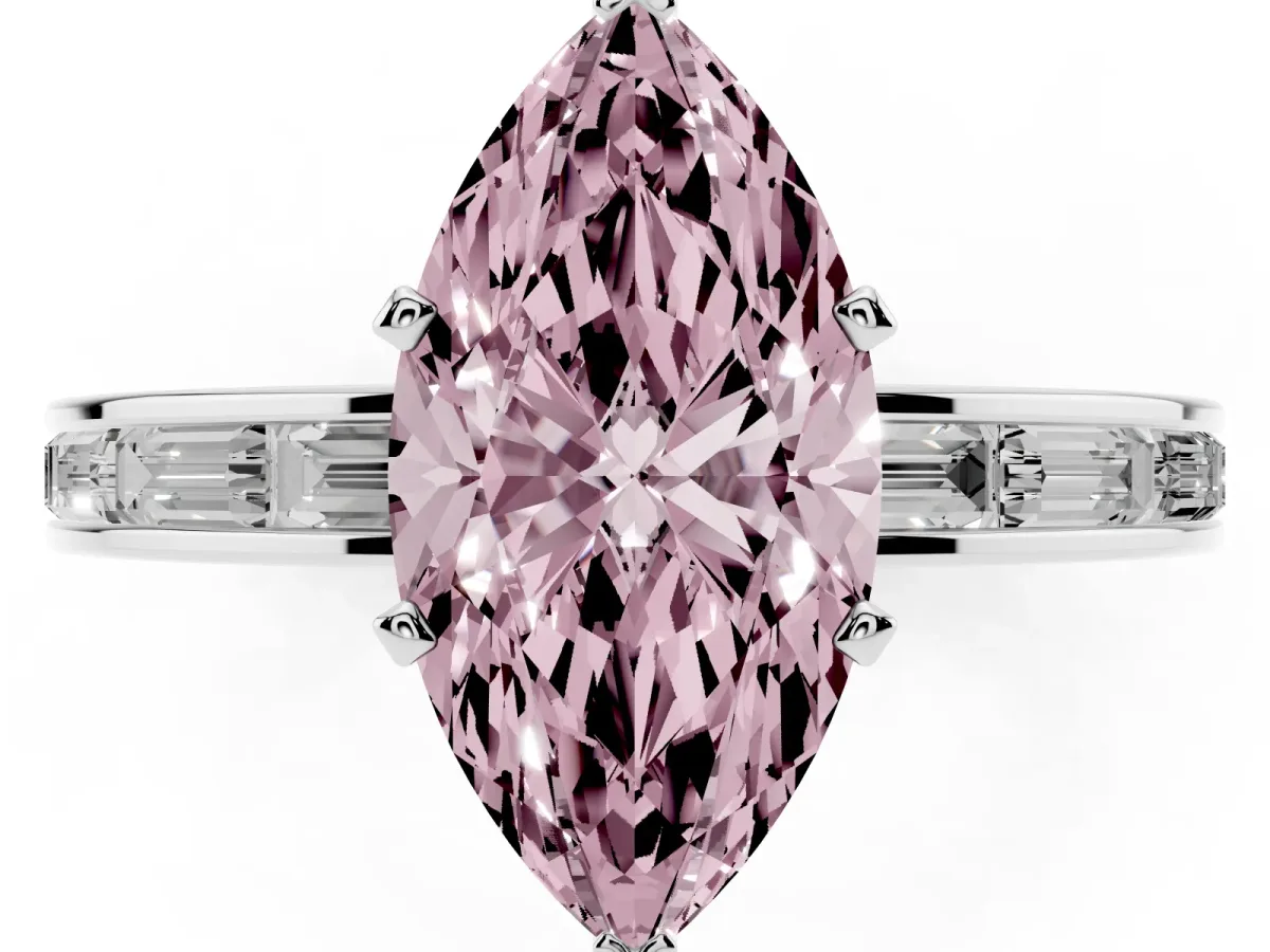 Fancy Pink Marquise Cut Solitaire Diamond Ring with Channel-Set Baguette Band and Four-Prong Setting Silver