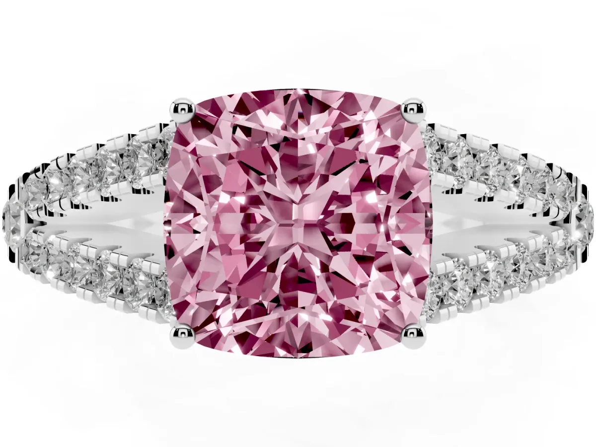 Fancy Pink Cushion Cut Diamond Split Shank Pavé Engagement Ring with Four-Prong Setting Silver