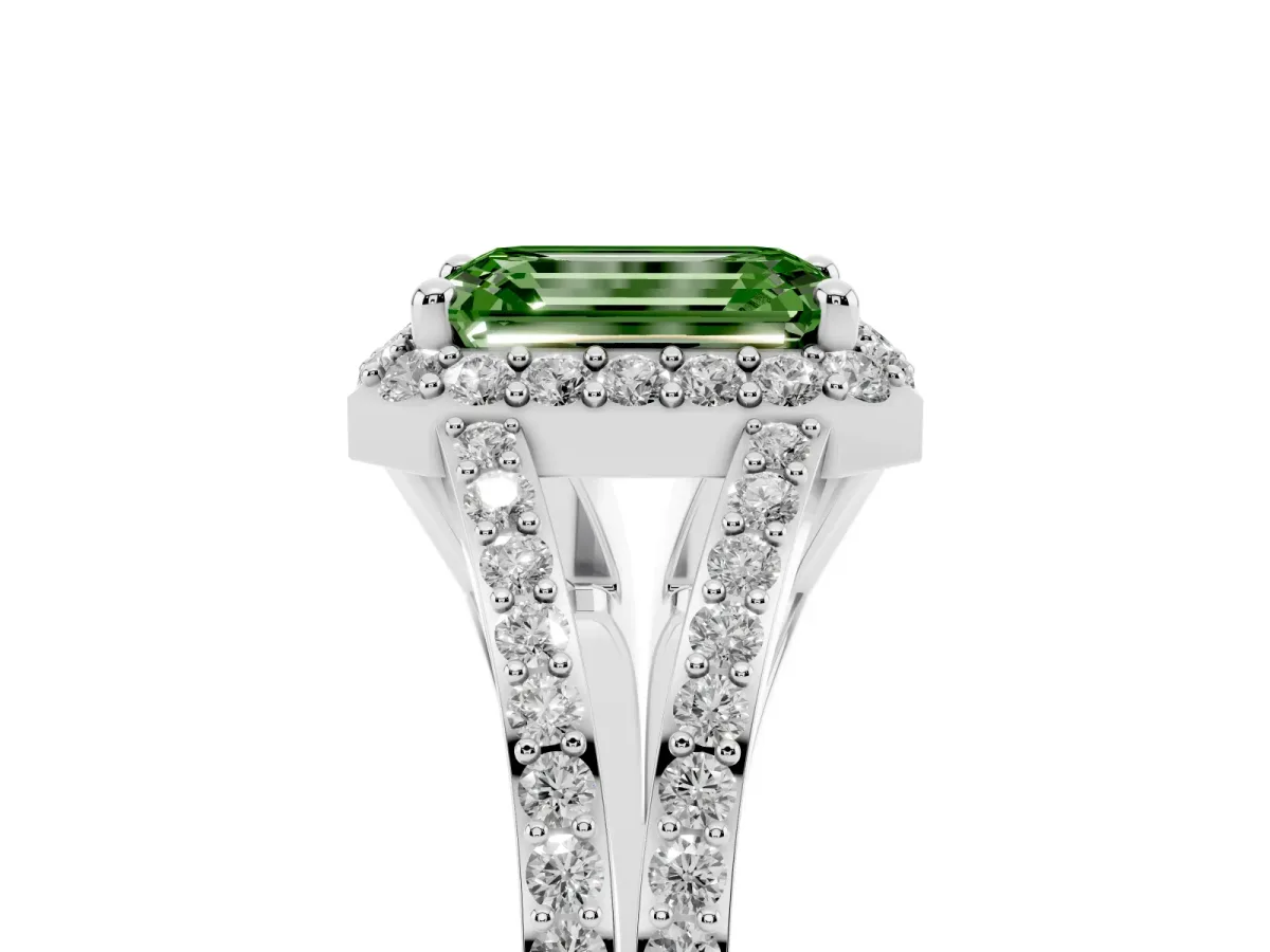 Fancy Green Emerald Cut Halo Split Shank Diamond Ring with Prong Setting Platinum