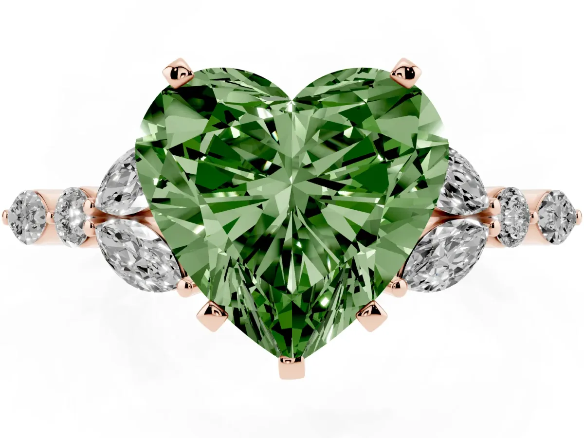 Fancy Green Heart Cut Diamond Solitaire Ring with Side Stones and Four-Prong Setting Rose gold