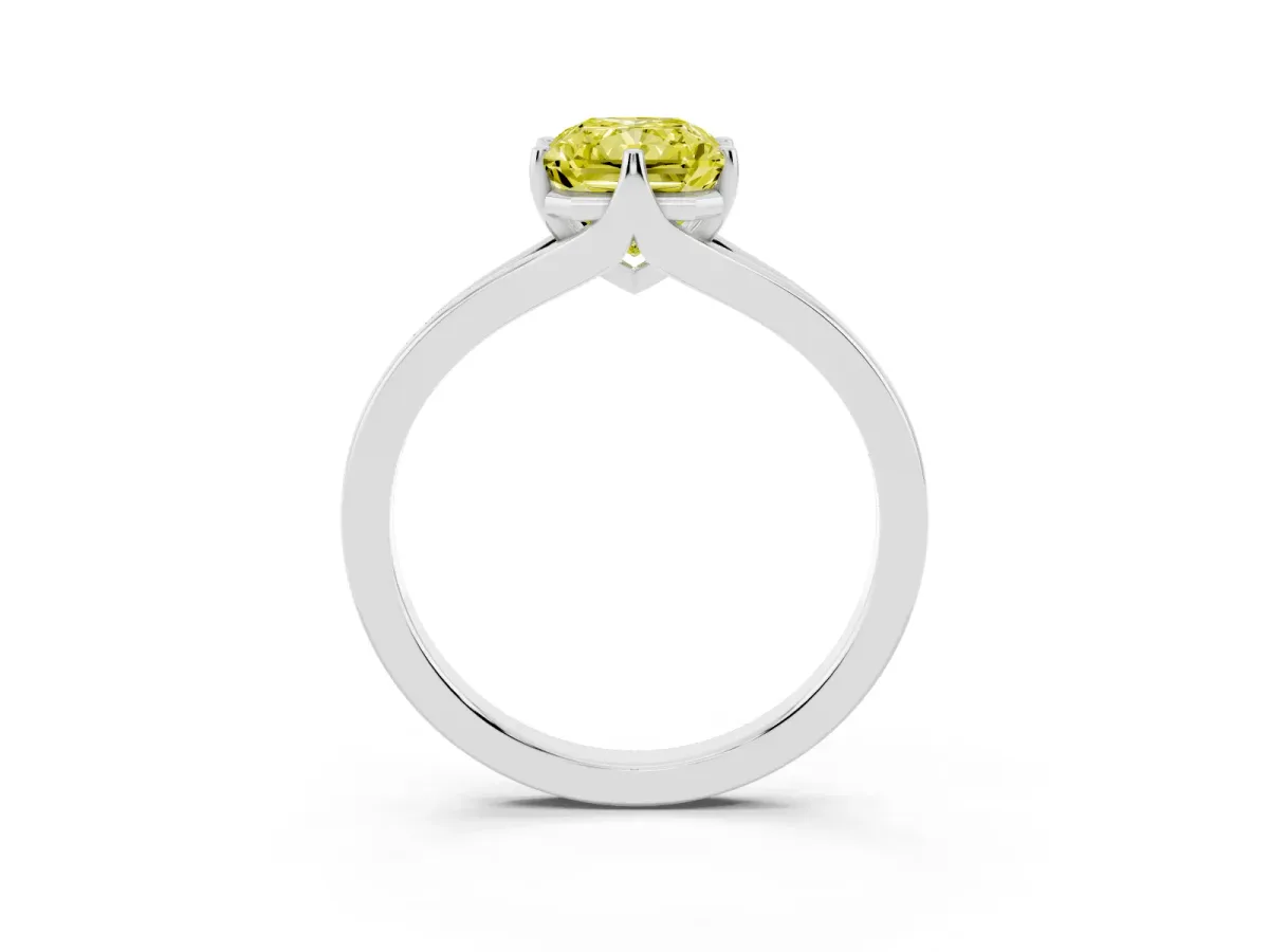 Fancy Yellow Radiant Cut Solitaire Diamond Ring with Six-Prong Setting and Tapered Band Platinum