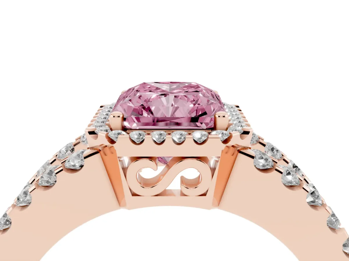 Fancy Pink Radiant Cut Cut Halo Split Shank Diamond Ring with Four-Prong Setting Rose gold