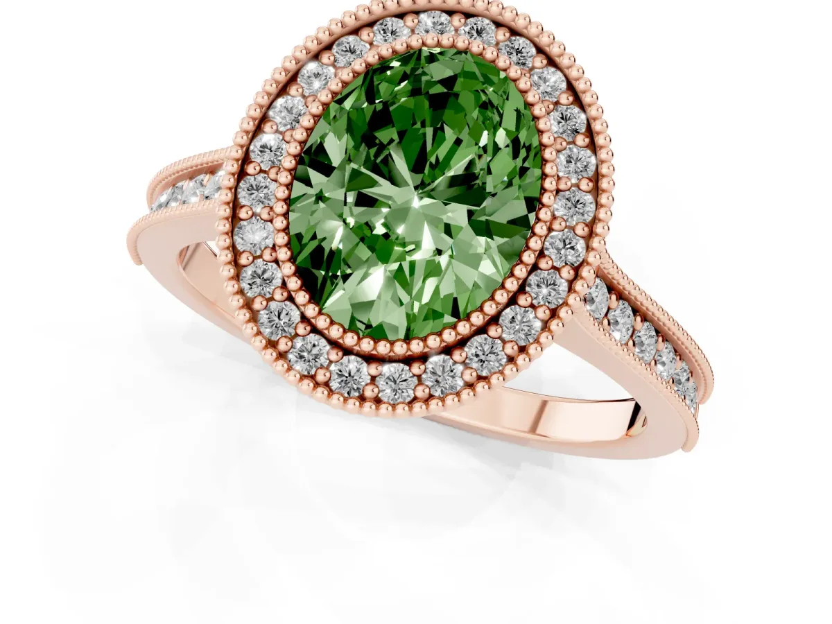 Fancy Green Halo Oval Cut-Cut Diamond Pave Band Milgrain Prong Setting Ring Rose gold