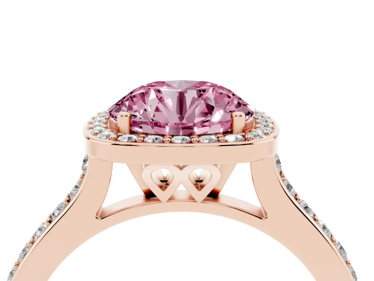 Fancy Pink Round Cut Diamond Halo Engagement Ring with Round Pavé Shoulders and Prong Setting Rose gold