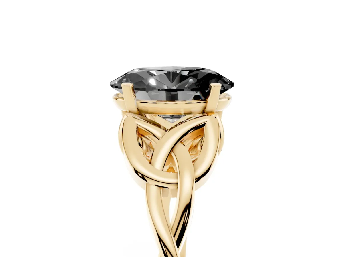 Fancy Black Oval Cut Diamond Solitaire Engagement Ring with Celtic Knot Band and Four-Prong Setting Yellow gold