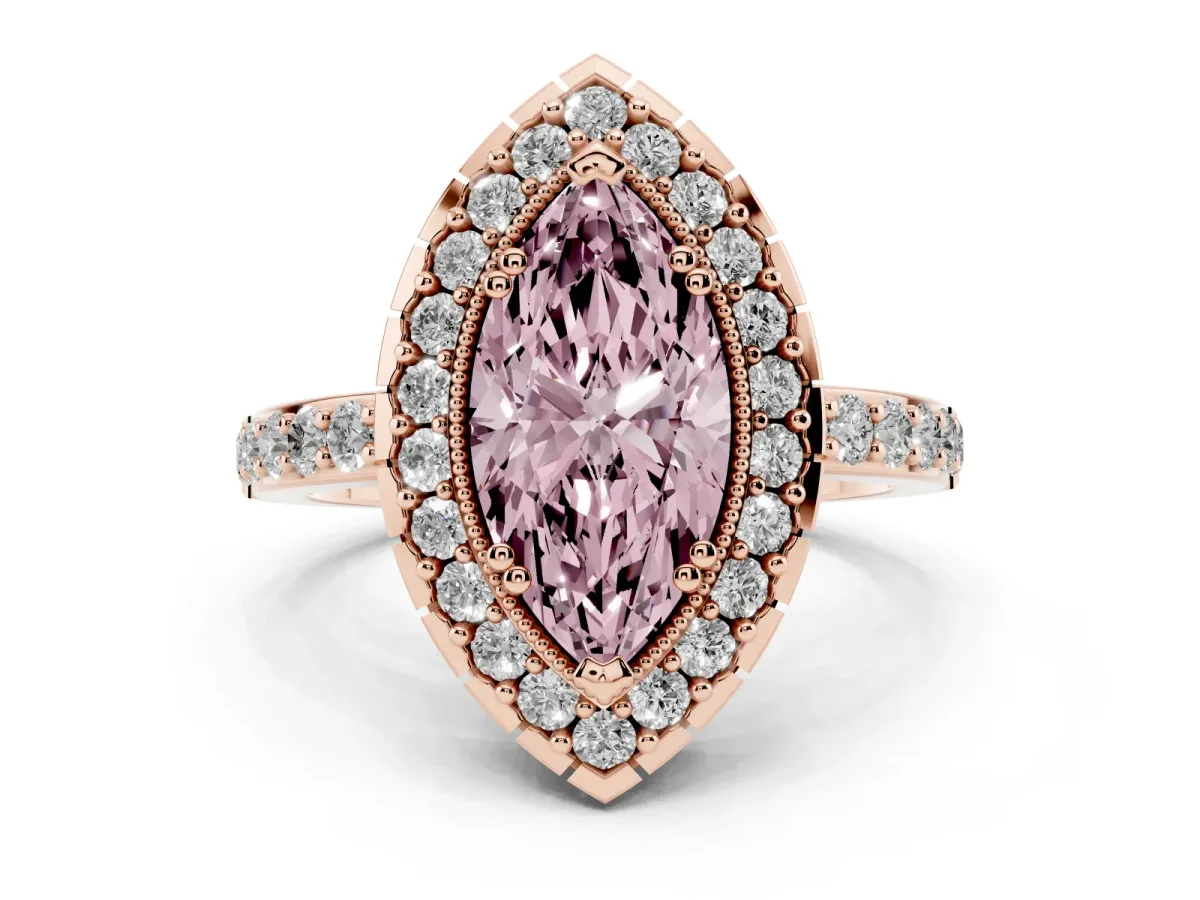 Fancy Pink Marquise Cut Diamond Halo Ring with Pavé Band and Prong Setting Rose gold