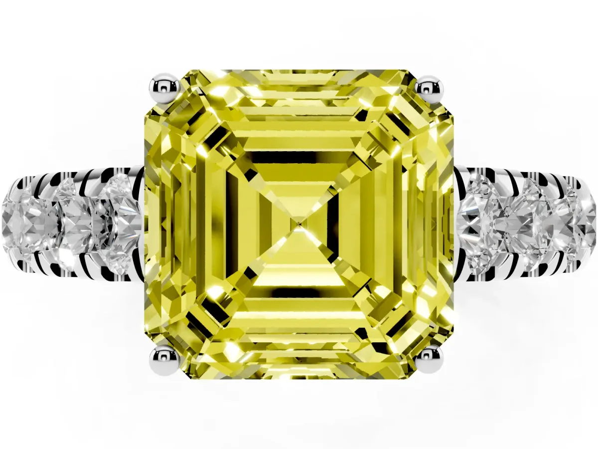 Fancy Yellow Asscher Cut Cut Diamond Solitaire Ring with Micro Pave Band and Prong Setting Silver