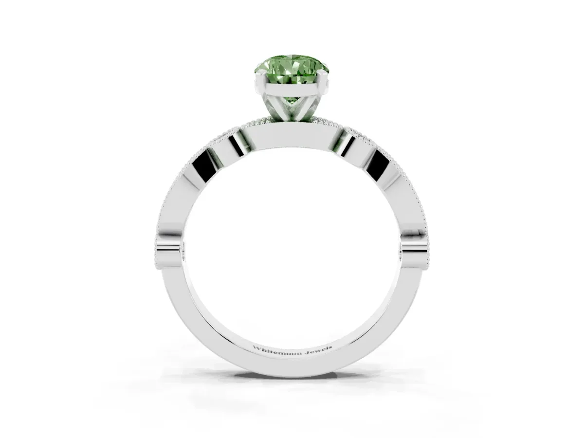 Fancy Green Pear Cut Milgrain Bezel Diamond Engagement Ring with Solitaire Prong Setting Silver