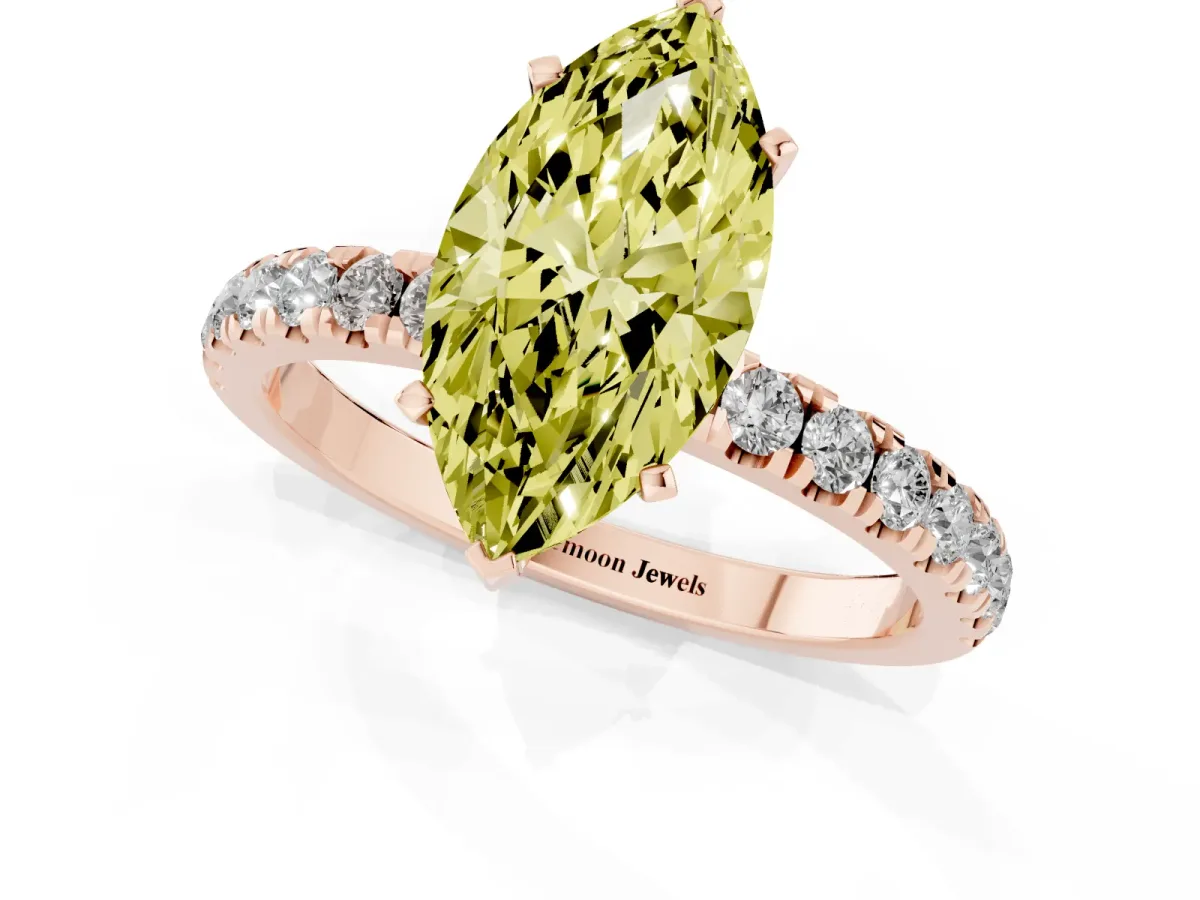 Fancy Yellow Marquise Cut Diamond Solitaire Ring with Pavé Accents and Four-Prong Setting Rose gold
