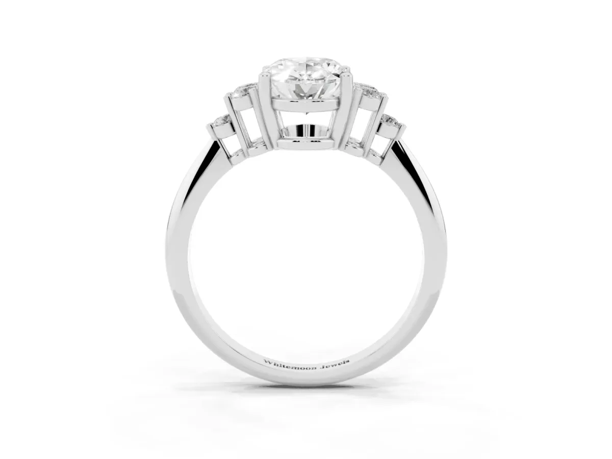 Oval Cut Cut Diamond Cluster Ring with Solitaire Band and Four-Prong Setting Silver