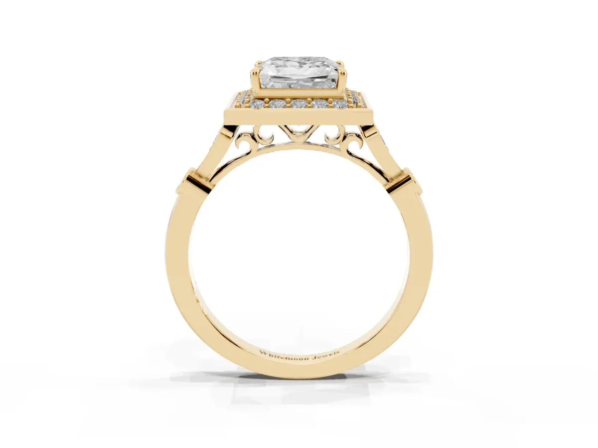 Princess Cut Halo Diamond Engagement Ring with Twisted Band and Four-Prong Setting Yellow gold