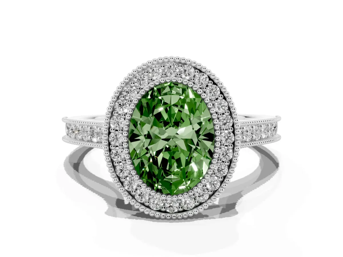 Fancy Green Halo Oval Cut-Cut Diamond Pave Band Milgrain Prong Setting Ring Silver