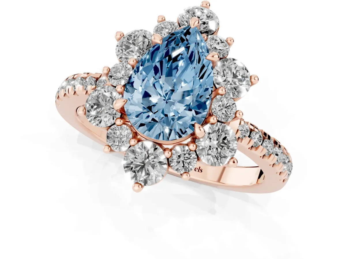 Fancy Blue Pear Cut Diamond Floral Halo Ring with Round Pavé Band and Prong Setting Rose gold