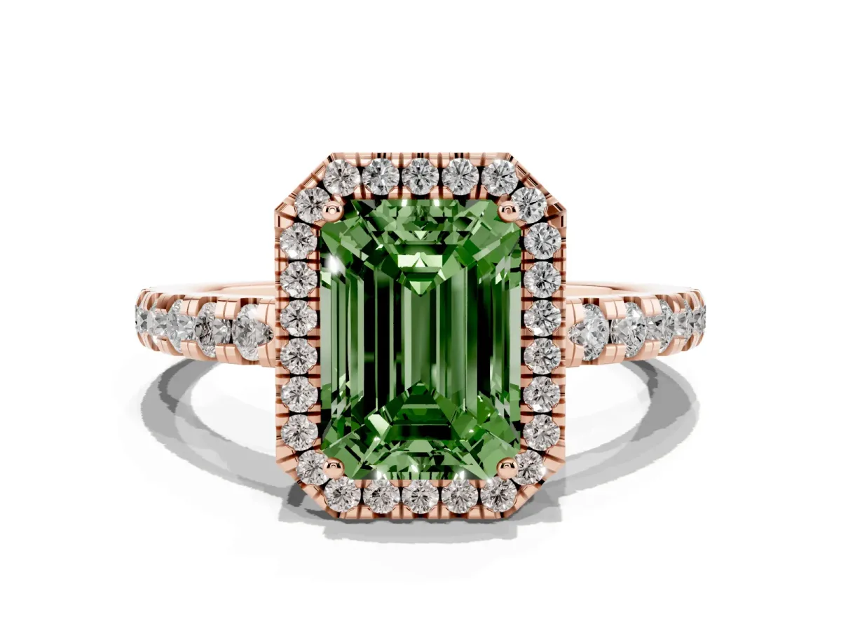 Fancy Green Emerald Cut Diamond Halo Ring with Pavé Band and Four-Prong Setting Rose gold