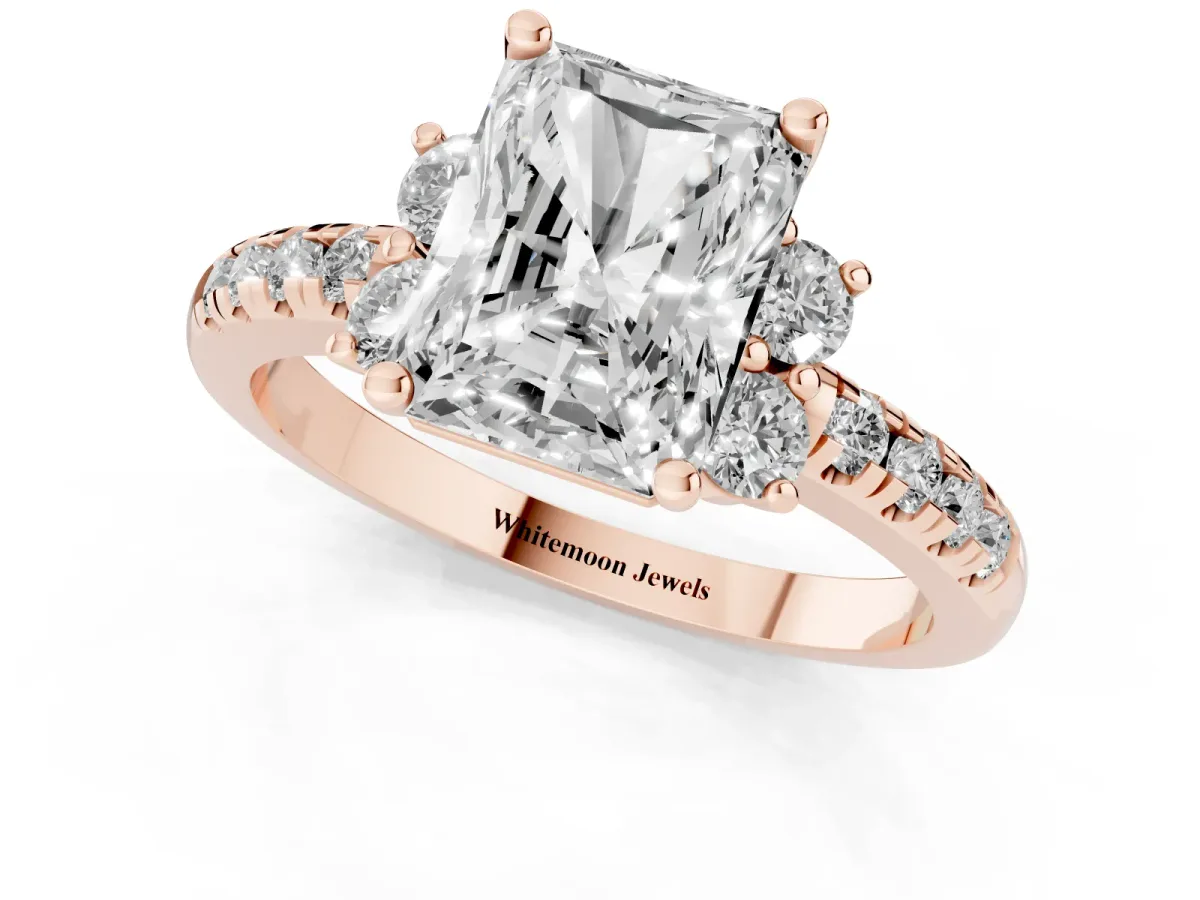 Radiant Cut Diamond Three-Stone Pave Band with Four-Prong Setting Rose gold