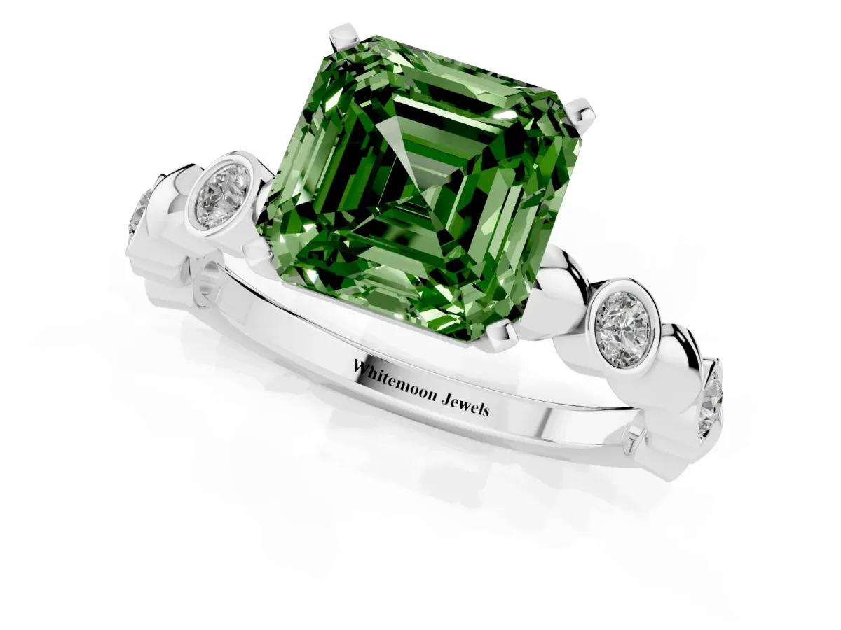 Fancy Green Asscher Cut Solitaire Bezel-Set Diamond Ring with Beaded Band and Four-Prong Setting Silver