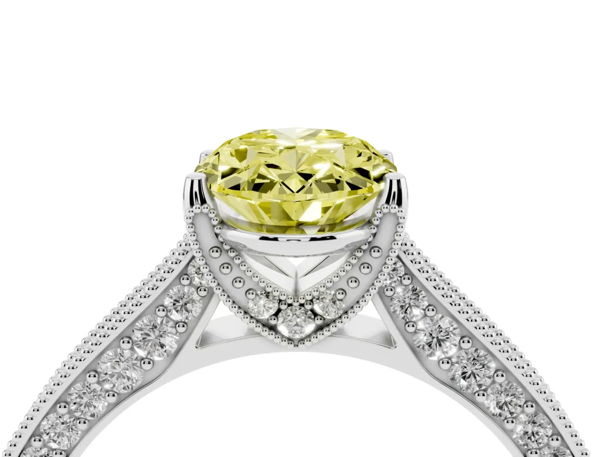 Fancy Yellow Oval Cut Cut Diamond Solitaire Ring with Milgrain Pave Band and Four Prong Setting Silver