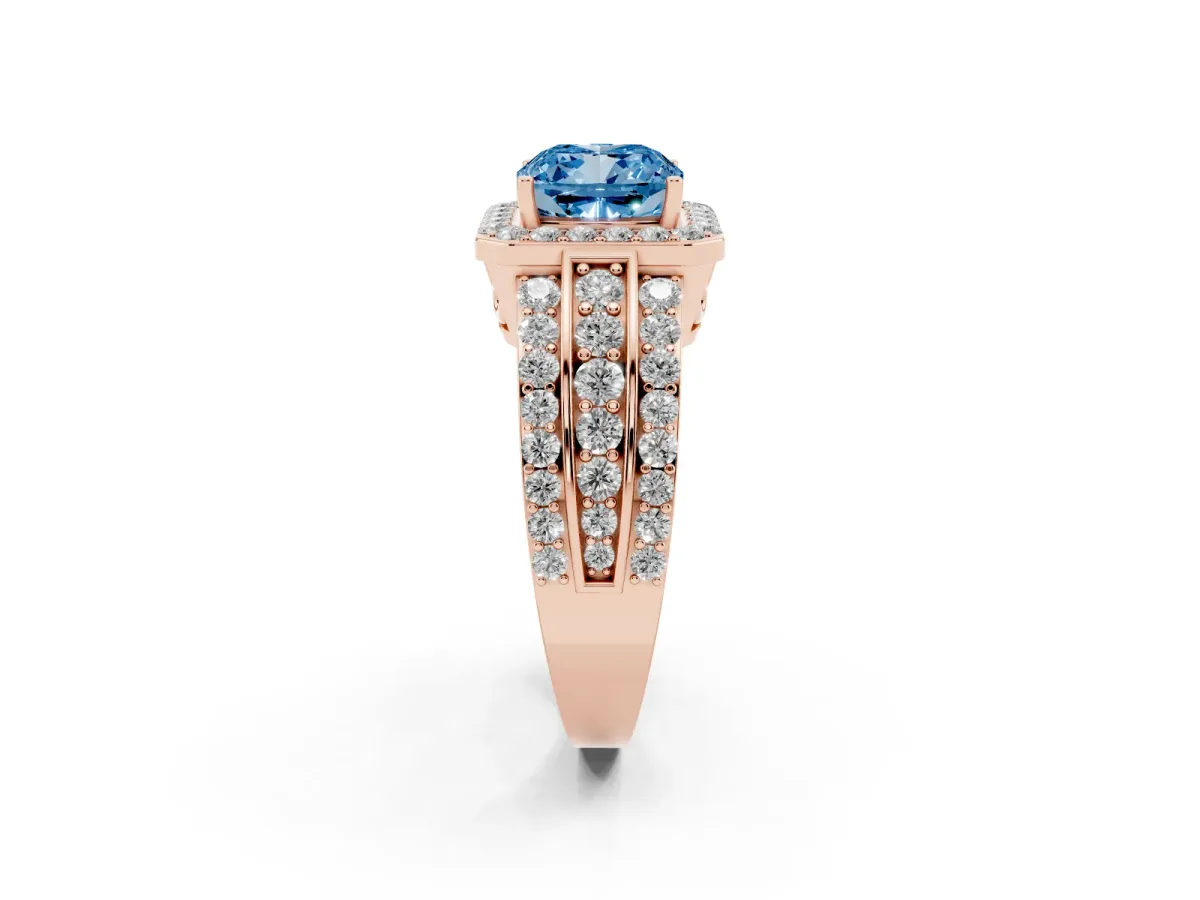 Fancy Blue Cushion Cut Halo Diamond Ring with Round Split Shank and Prong Setting Rose gold