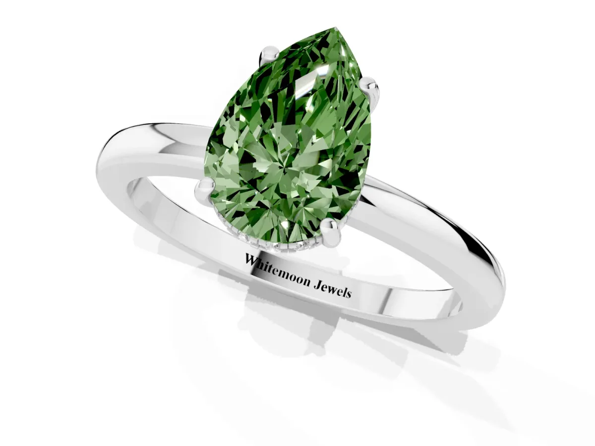 Fancy Green Pear Cut Solitaire Diamond Ring with Prong Setting and Plain Band White gold