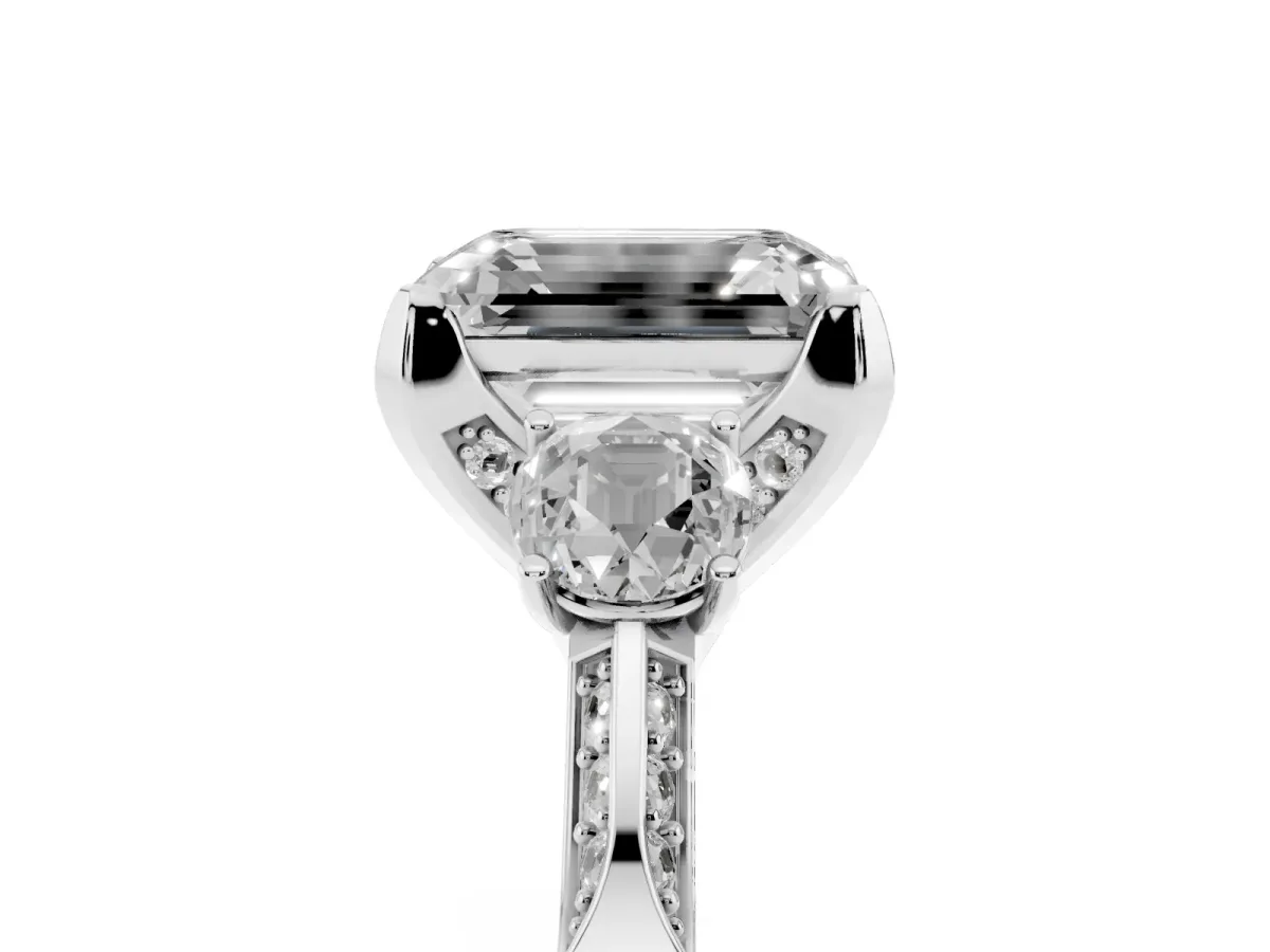 Fancy Yellow Emerald Cut Brilliant Three-Stone Diamond Ring with Pavé Band and Four-Prong Setting Platinum