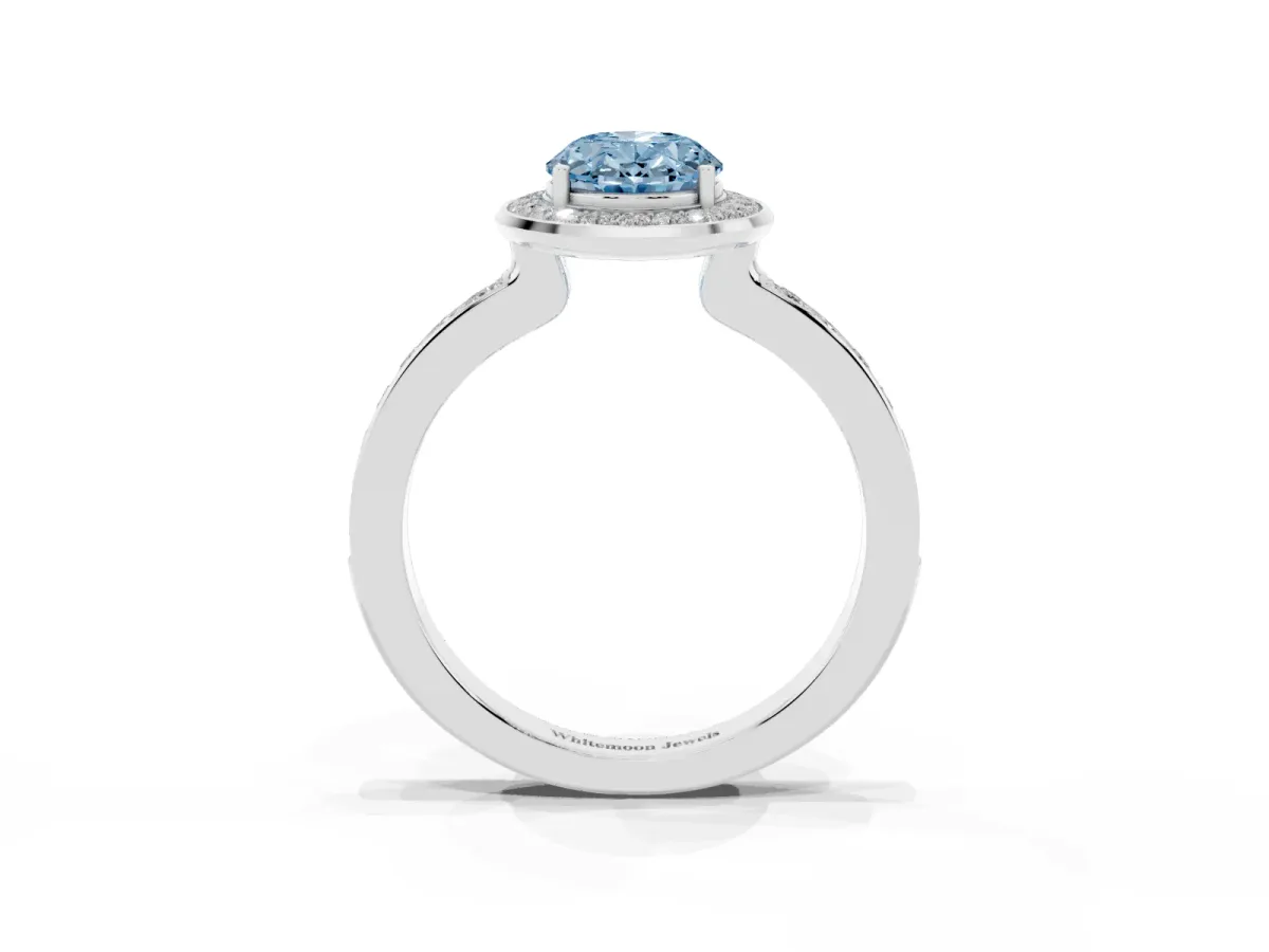 Fancy Blue Oval Cut Diamond Halo Ring with Bezel Frame and Pavé Band Silver